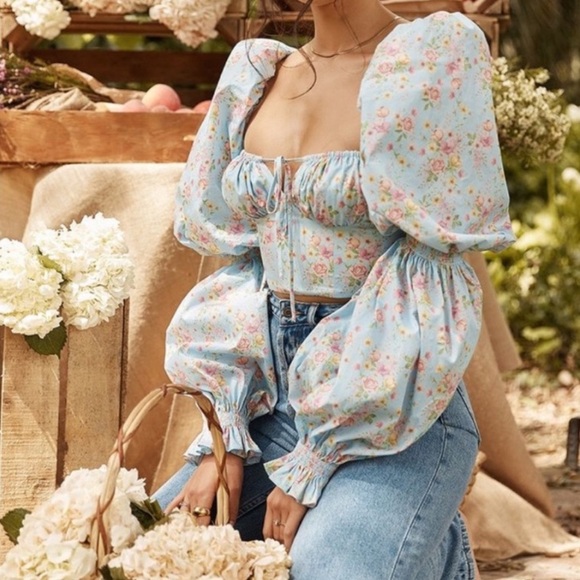 House of CB Millicent Top Blue Floral Puff Long Sleeve Tie Front Blouse - Picture 1 of 6